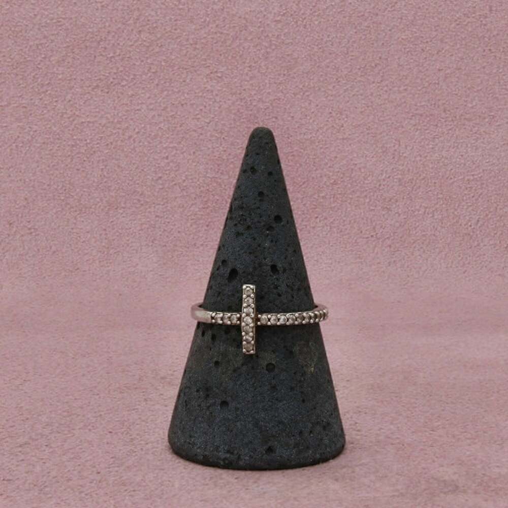 Sterling Silver C Z Cross Stack Sideways Cross Stone-Set Delicate Band Ring 8